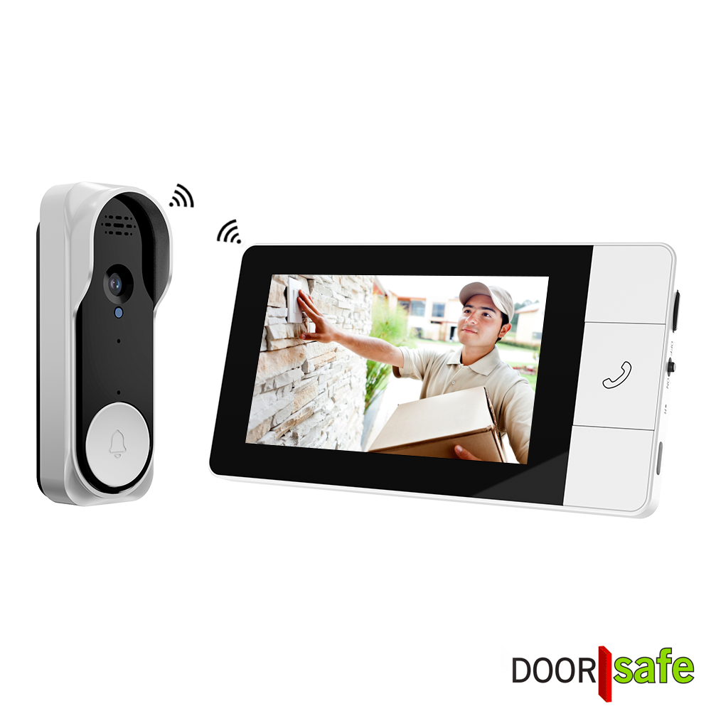 DS4140 BUDGET | draadloze camera deurbel | 4,3″ scherm | draadloos, standaard bereik (2,4Ghz) | Deurbel op 1000mAh accu | Laag resolutie beeld | Duplex audio | Geen bewegingssensor | Infrarood nachtzicht | Slot/poort/gong niet aansluitbaar | Geen monitoring | Opslag op SD-kaart in scherm van 16Gb