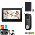 DS4700 met WiFi & App + zonnepaneel | HD draadloze internet camera deurbel | Scherm is binnenshuis met 2,4/5Ghz WiFi of een netwerkkabel met internet te verbinden | 7″ touch scherm | Draadloos, langer bereik (868Mhz) | Deurbel op stroom of uitneembare 5000mAh accu | Hoog resolutie beeld | Duplex audio | Wit licht nachtzicht  | Met monitoring | Opslag op SD-kaart in scherm van 32Gb