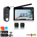 DS4655 PRO met WiFi & App | HD draadloze internet camera deurbel | Scherm is binnenshuis met 2,4/5Ghz WiFi te verbinden | 7″ touch scherm | Draadloos, langer bereik (868Mhz) | Deurbel op stroom of uitneembare 7000mAh accu | Hoog resolutie beeld | Duplex audio | PIR bewegingssensor | Infrarood nachtzicht | Draadloze unlock & gong module | Met monitoring | Opslag op SD-kaart in scherm van 32Gb