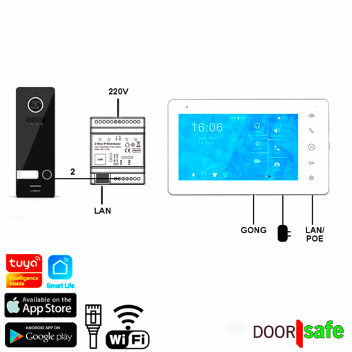 DS7702 PRO | HD internet deurbel met camera | Zwart | 7" touch scherm | BUS | 2-draads van deurbel naar internet module | scherm met internet verbinden via 2,4 Ghz WiFi of netwerkkabel | 32Gb & NAS