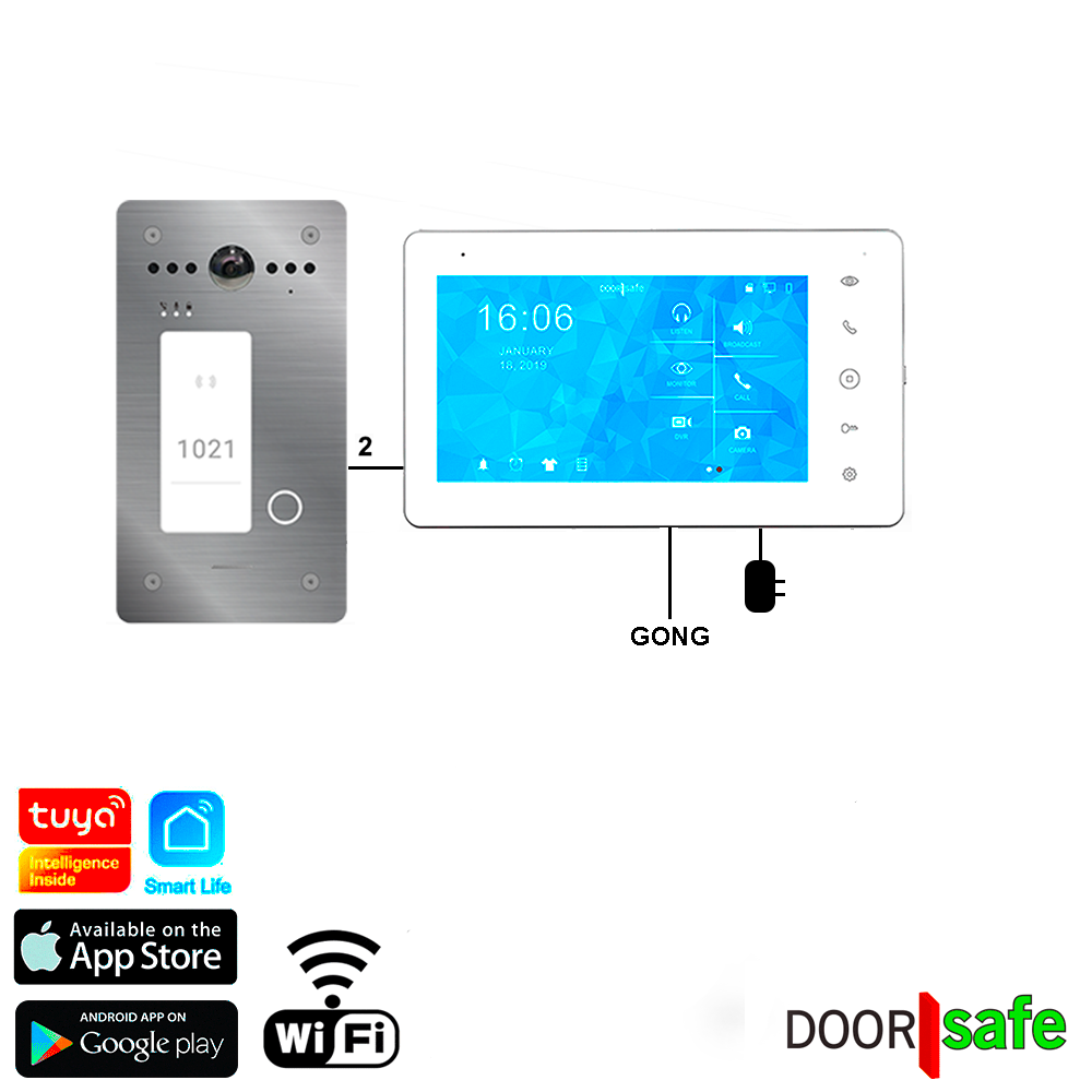 DS7771 | HD video deurbel met camera | 7" touch scherm | met internet & app mogelijkheid | Opbouw of inbouw | met RFID MiFare Chipreader | RVS | 2-draads | BUS | 2-draads van buiten-unit naar scherm | scherm verbinden met internet via 2,4/5Ghz WiFi | 32Gb & NAS