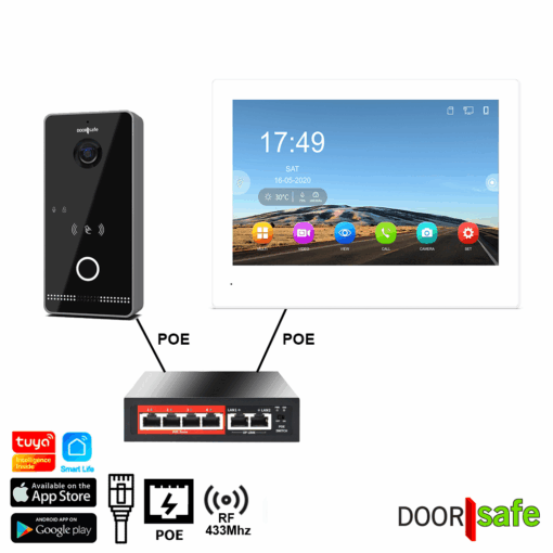 DS6679 POE | HD internet deurbel met camera met POE IEEE 802.3af | RFID Mifare Chipreader | Zwart/Donkergrijs | met 8 inch touchscherm | met POE switch | 32Gb scherm & NAS
