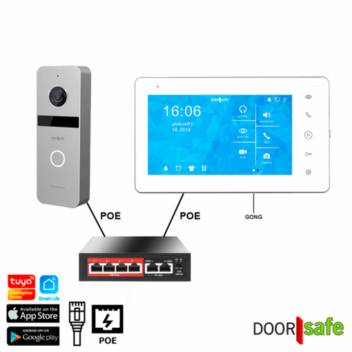 DS6691 POE | HD video deurbel met camera van metaal met POE IEEE 802.3af | zilver | met 7 inch touchscherm | met POE switch | 32Gb scherm & NAS