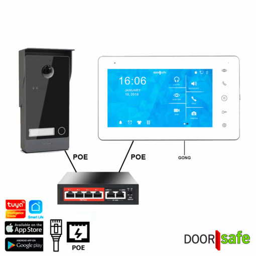 DS7891 POE | HD video deurbel met camera van metaal met POE IEEE 802.3af | zilver | met 7 inch touchscherm | met POE switch | 32Gb scherm & NAS